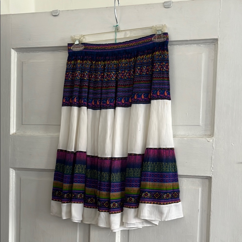 Bohemian White Tiered Skirt with Multicolor Ethnic Print